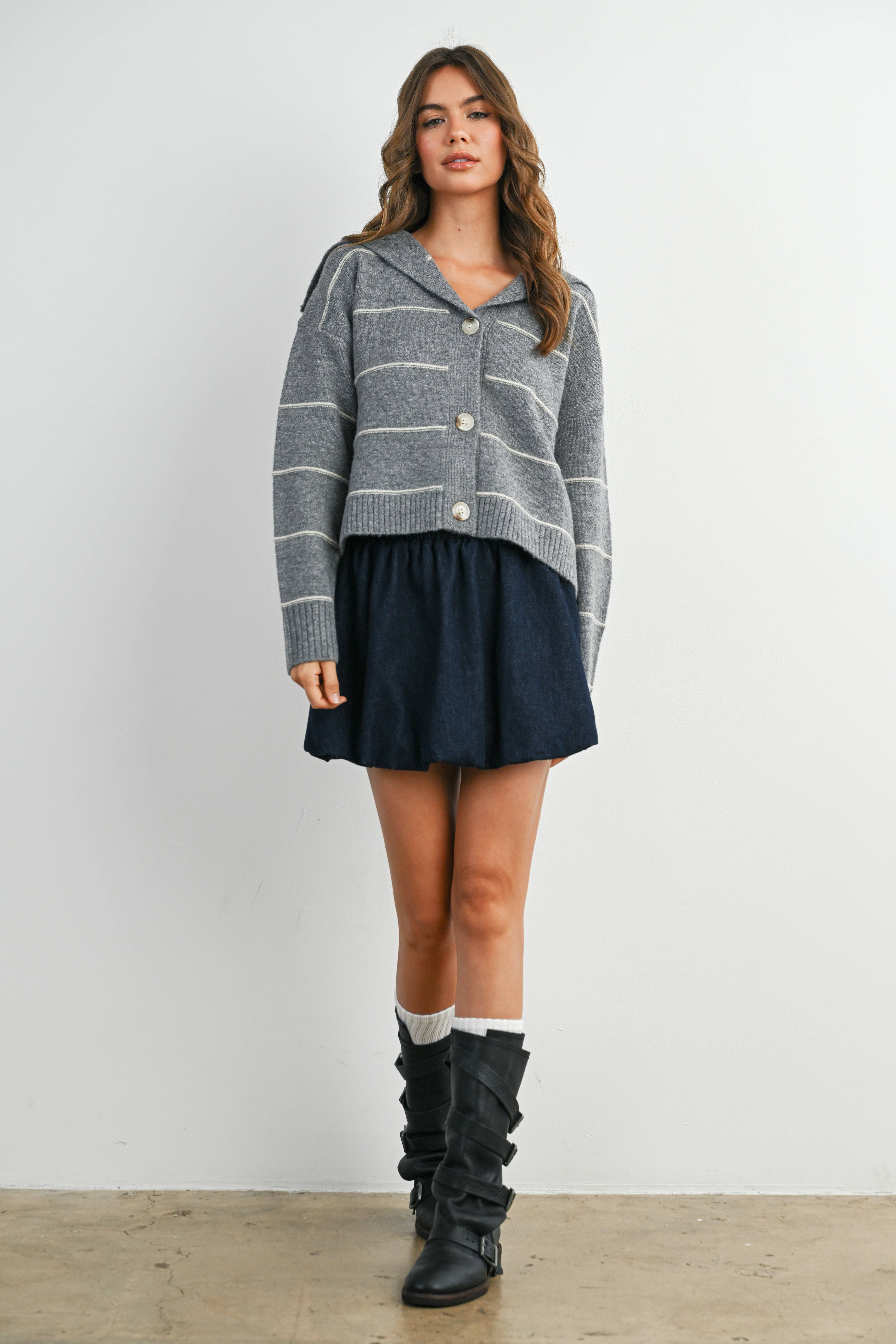 BUTTERMELON - Wholesale Knit Sweater - Women's - Button-Up Striped Collared Long Sleeve Top - BMC788321