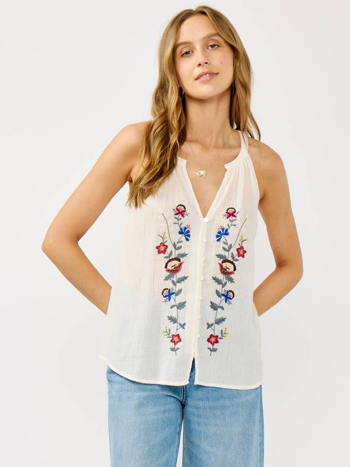 Natural Wine Embroidered Halter Neck Button-Down Tank for wholesale on Faire0