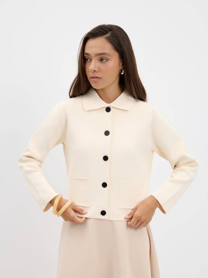 Effen Kleur Midi Gebreid Vest Ivoor voor wholesale door Kadriye Baştürk