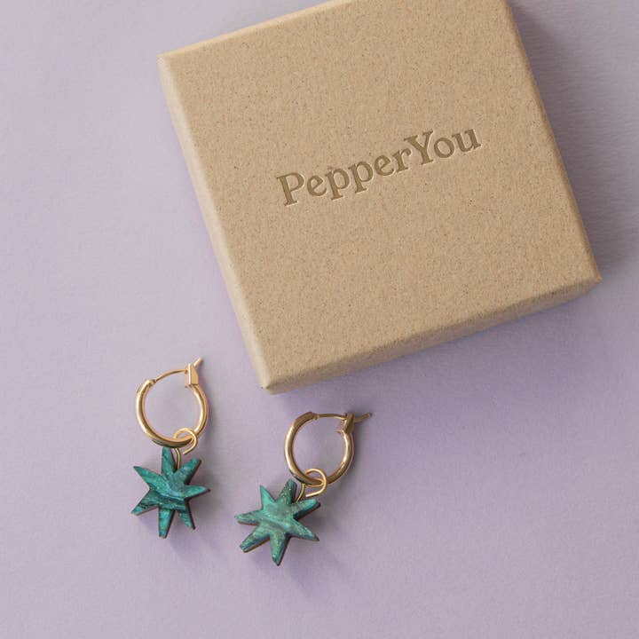 Hand Drawn Star Hoops in Marble Teal Sparkle for wholesale on Faire