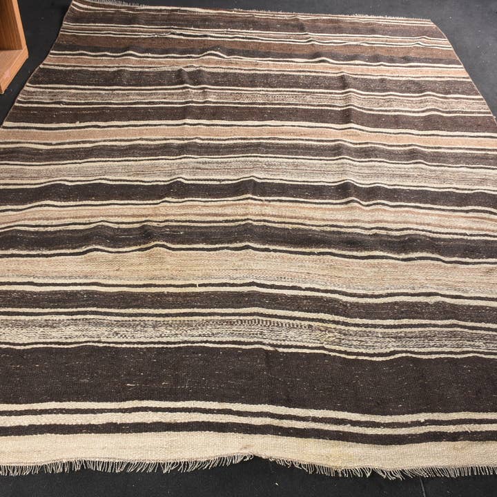 Woven Brown & Beige Rug, 6.8x8.9 Ft Traditional Striped for wholesale by Vintage Rugs Loom