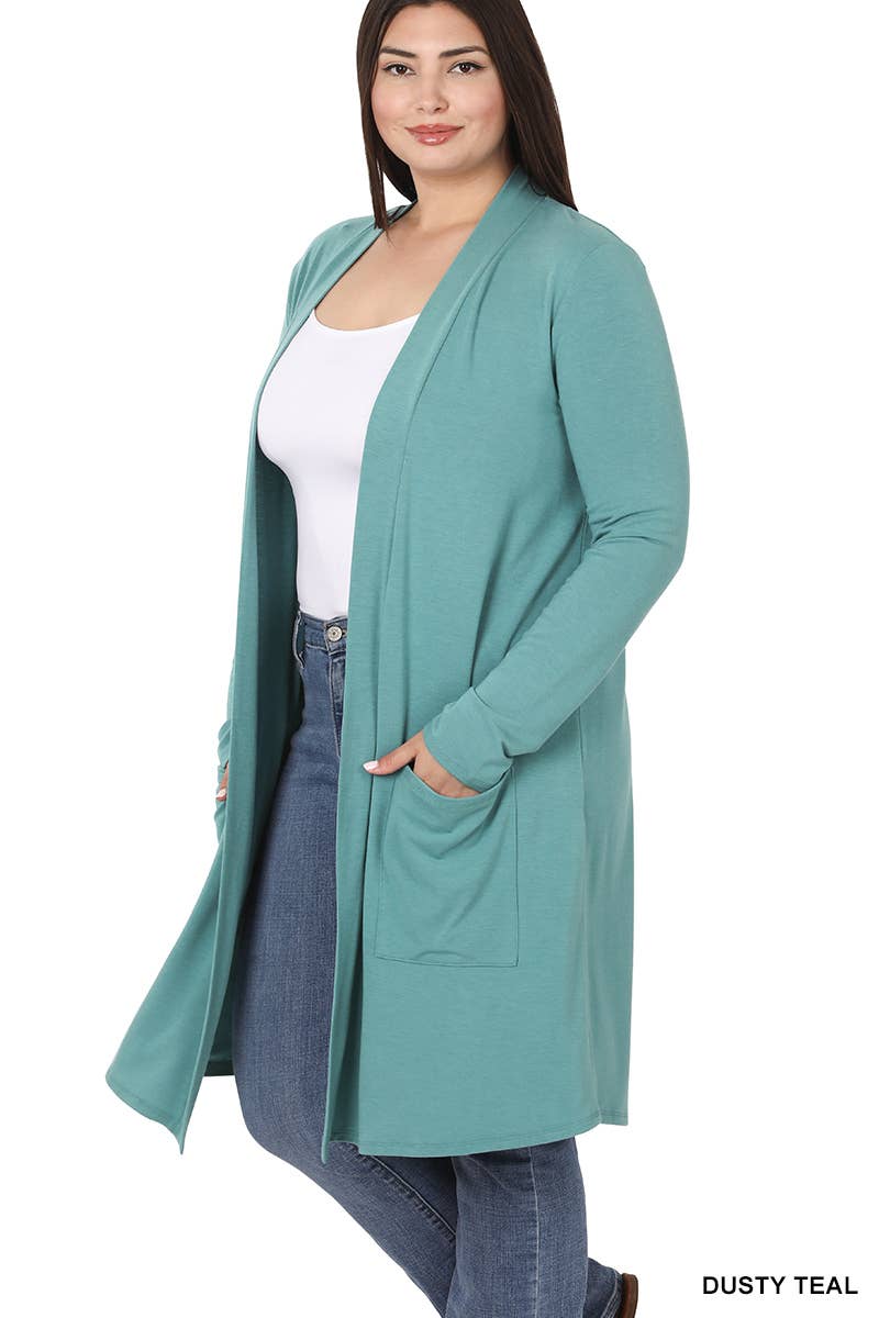 42POPS - Wholesale Cardigan - Women's - ..SI-7552 Plus Knee Length Slouchy Pocket Open Cardigan3
