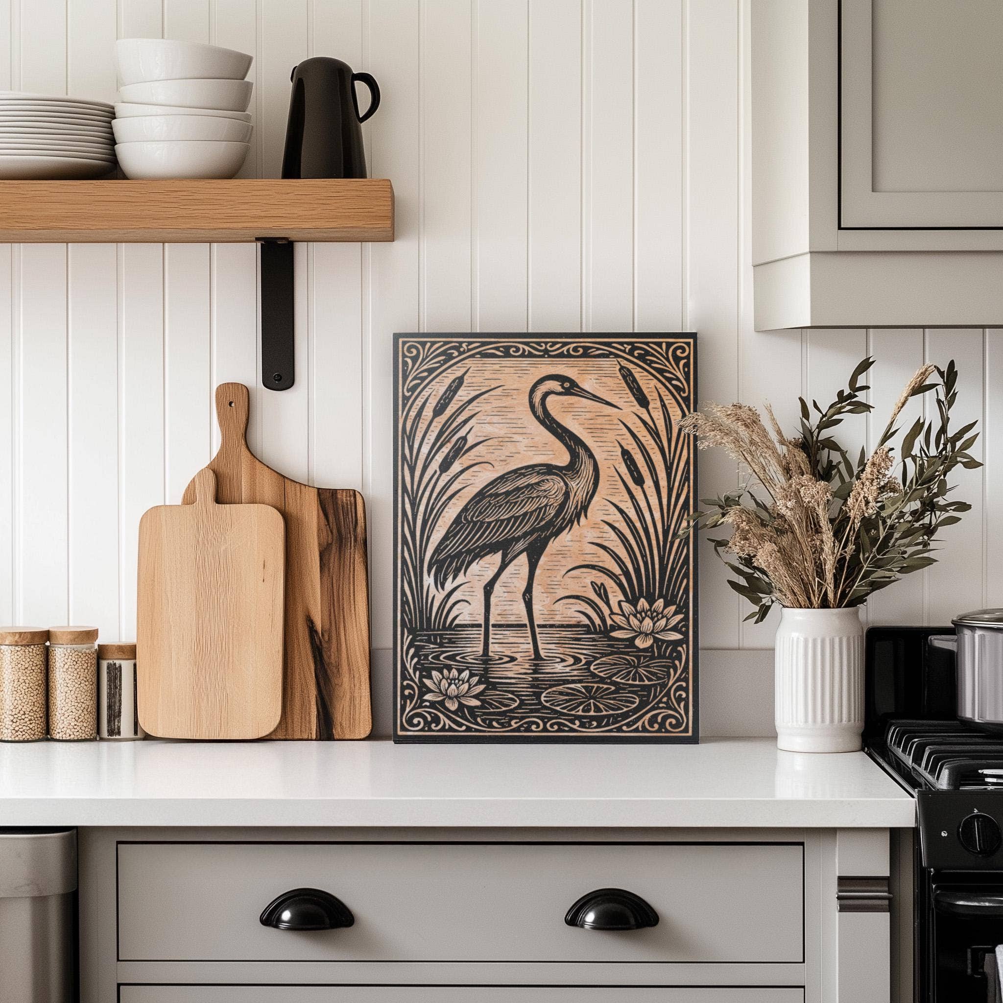 Benoit's Design Co. - Wholesale Wall Sign - Crane in the Lily Pond Engraved Birch Illustration2