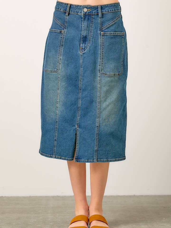 DENIM MAXI SKIRT WITH BACK SLIT DETAIL for wholesale by Polagram by Wellmade USA