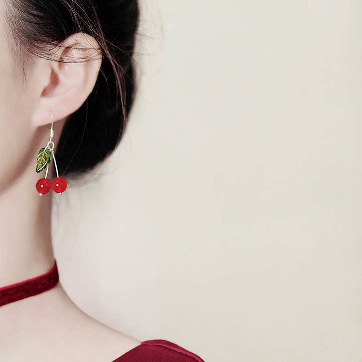 Haengseongworkshop - Wholesale Dangle Earrings - S925 Cherry Fruit Dangle 8mm Red Jade 15mm Leaves Earrings