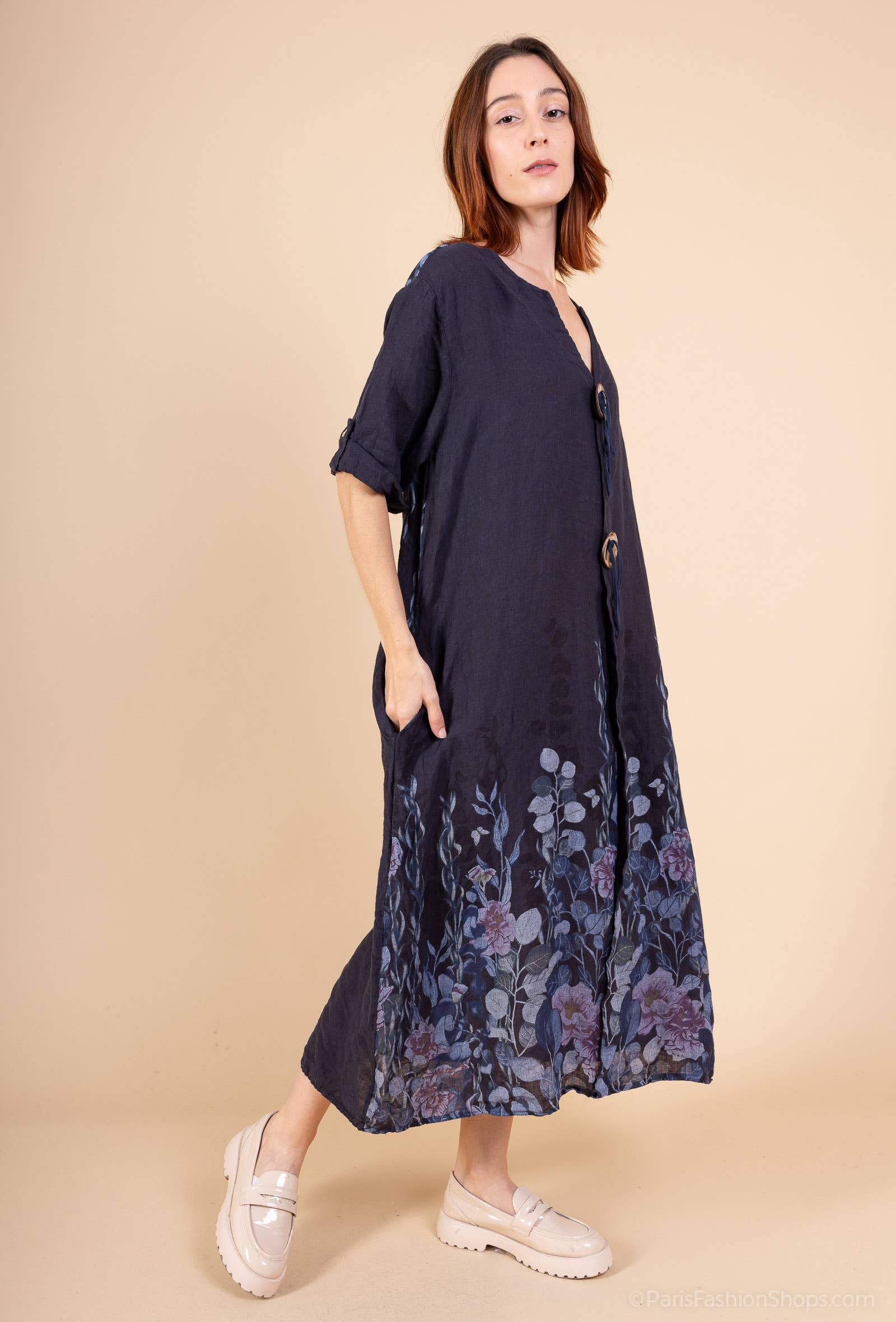 Shyloh - Vente Robe – femme - Robe en lin à imprimé fleuri et 2 boutons 149551