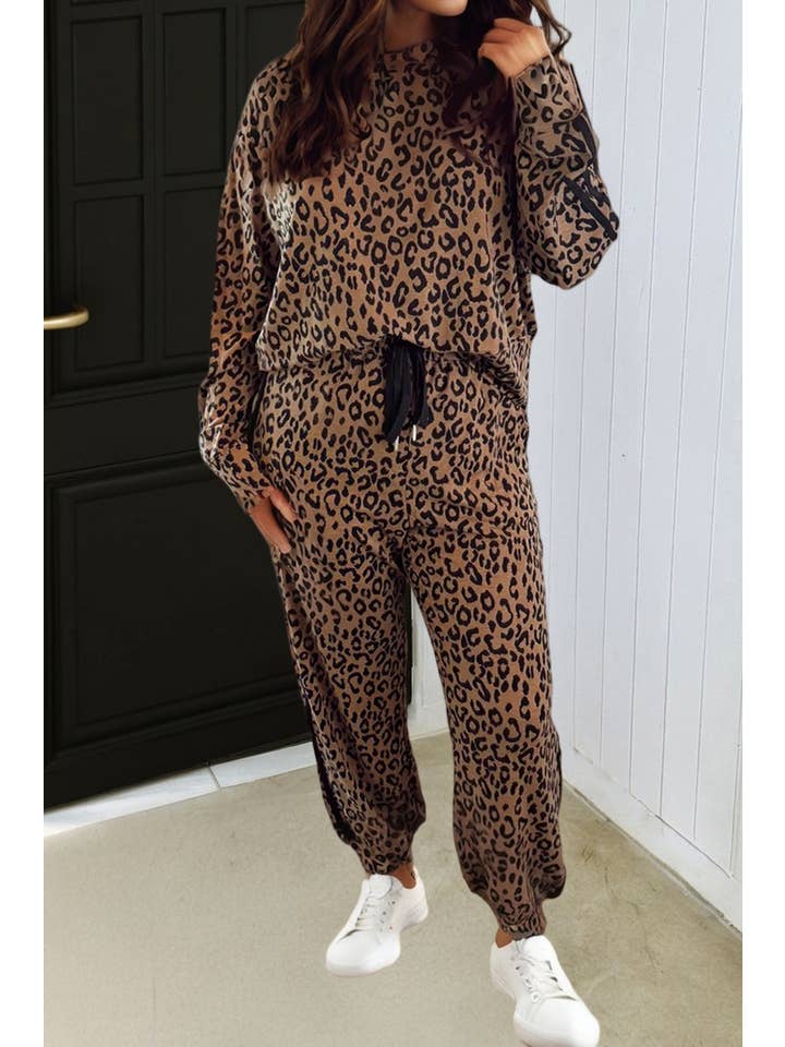 Brown LAS Varsity Striped Trim Leopard Top and Pants Set (S-XL) for wholesale on Faire
