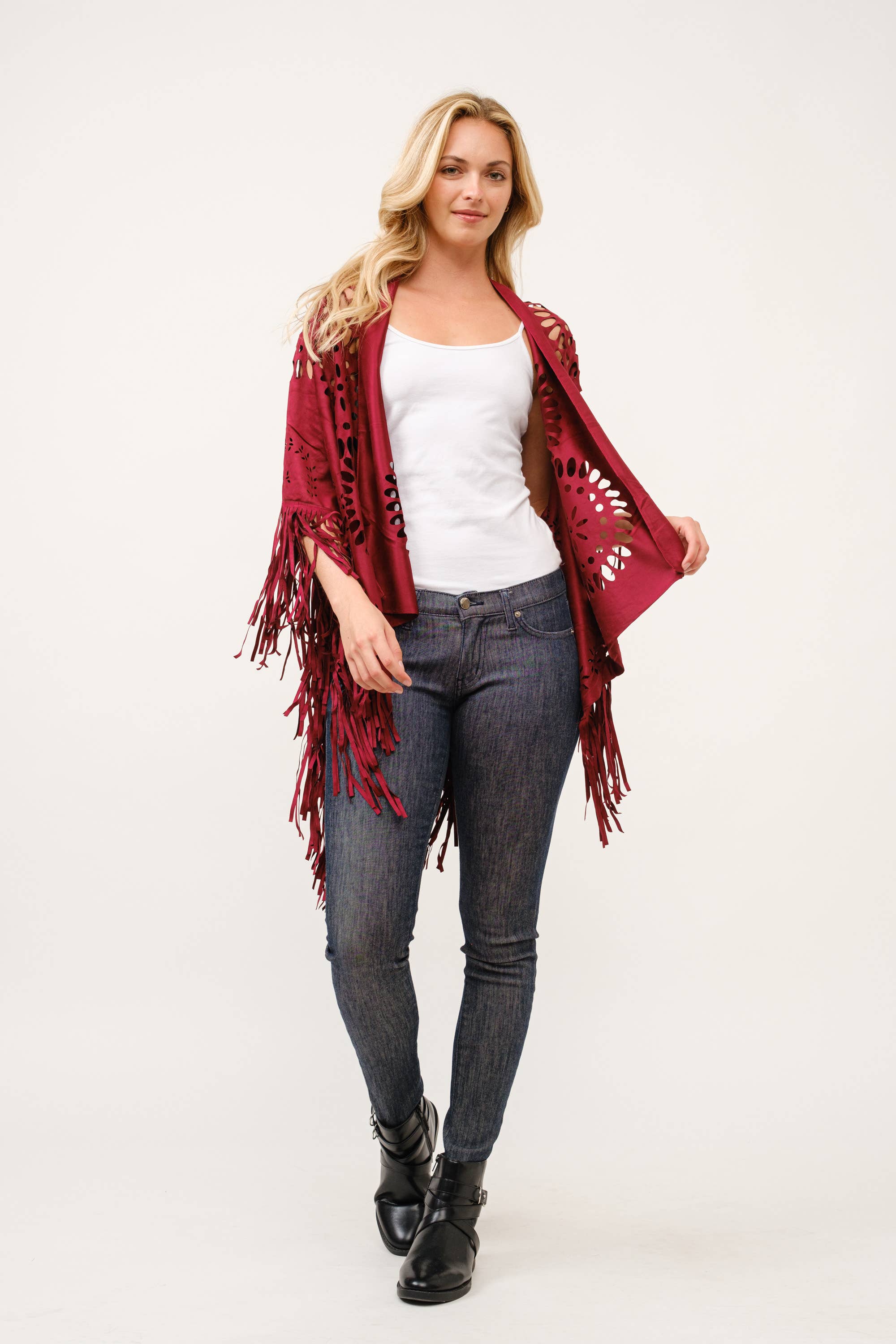 Raj Trading & Imports (USA) Inc. – wholesale Poncho – Women's – Willa Faux Suede Western Style Poncho Ruana6