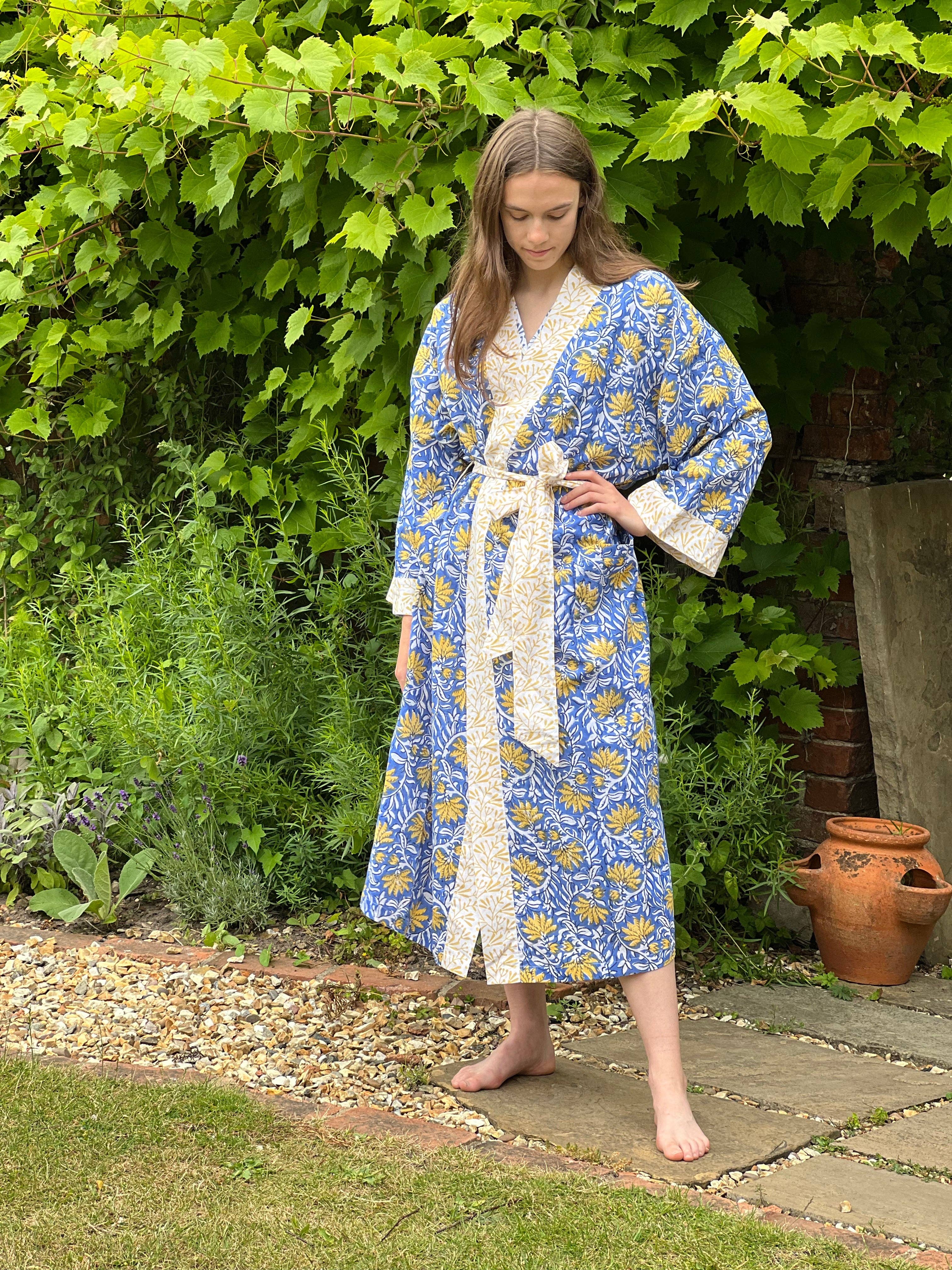 Lime Tree Design - Wholesale Robe - Women's - Long Cotton Kimono - Jaipur Blue & Yellow2