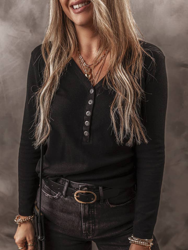 Solid Ribbed V-Neck Buttoned Long Sleeve Top for wholesale by PRETTY BASH