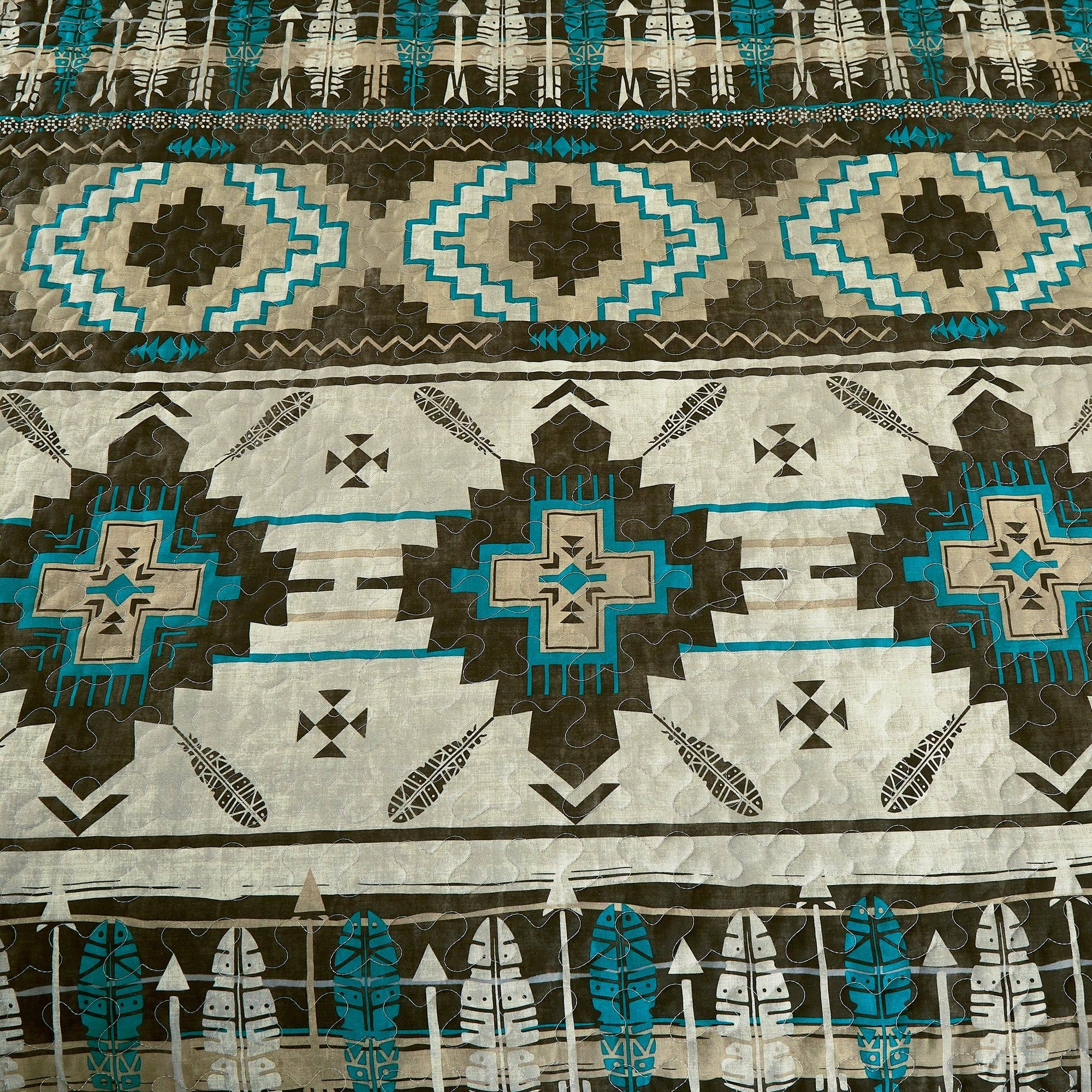 Linen Mart - Wholesale Bedding Set - Southwestern Tan Turquoise Feather Aztec Quilt - 5 Piece Set6