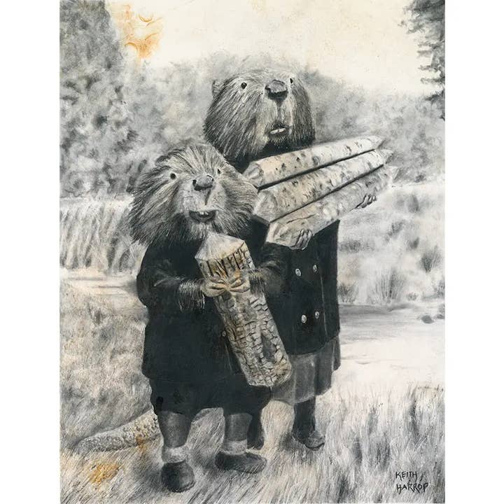 Postkort #49 - To bævere (bror og søster) Blyantkunst for engroshandel hos Keith Harrop - Pencil Art