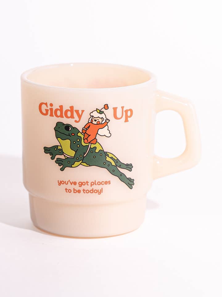 Tazza Vintage « Giddy Up » in Vetro Milk Glass per la vendita all'ingrosso da parte di Cheerware