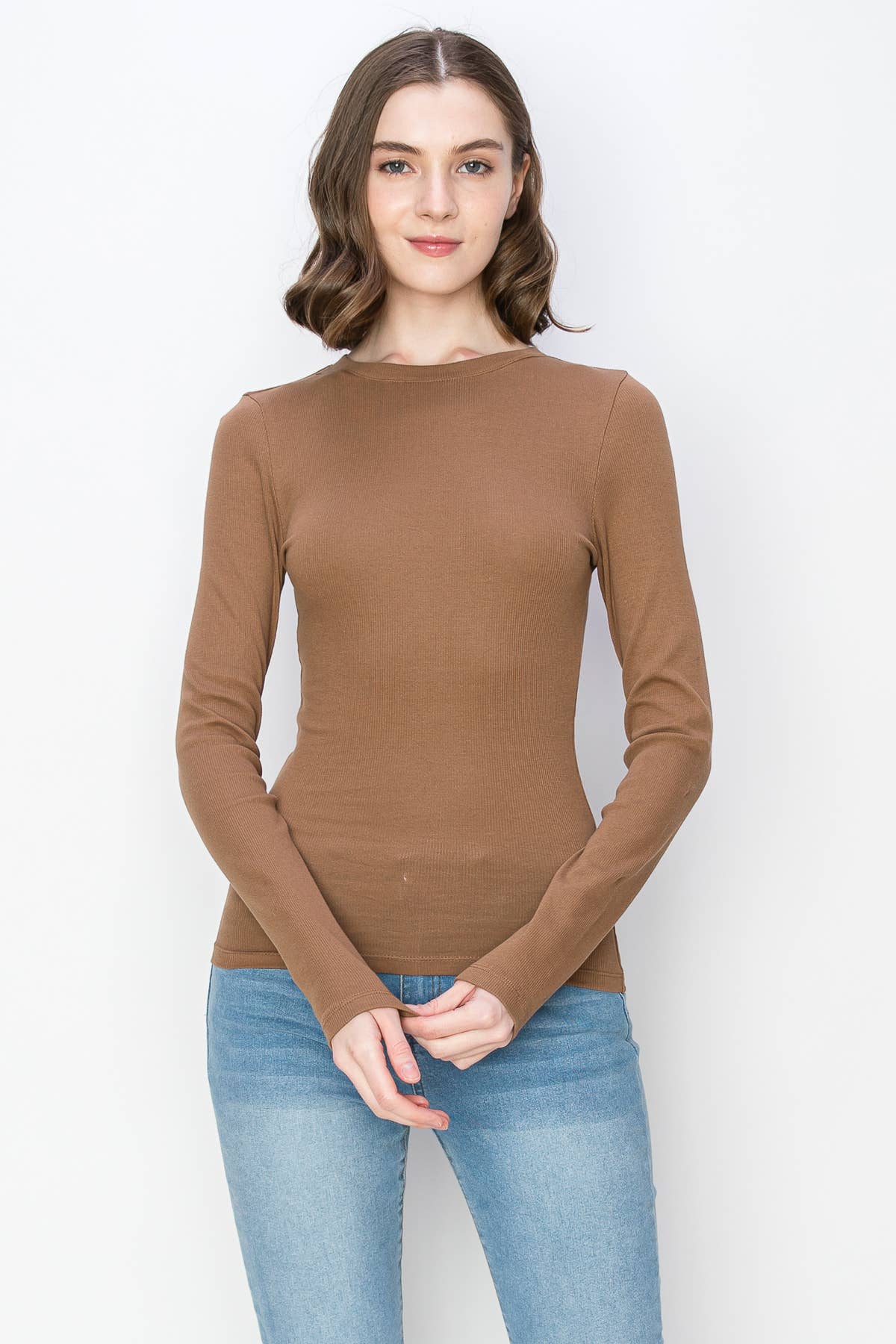Color 5 – Großhandel T-Shirt – Damen – Unifarbenes, geripptes Langarm-Shirt aus Baumwolle mit Rundhalsausschnitt14
