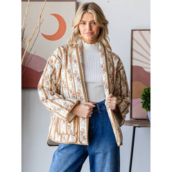 Veveret - Wholesale Jacket - Women's - Quilted Stripe Flower Open Jacket