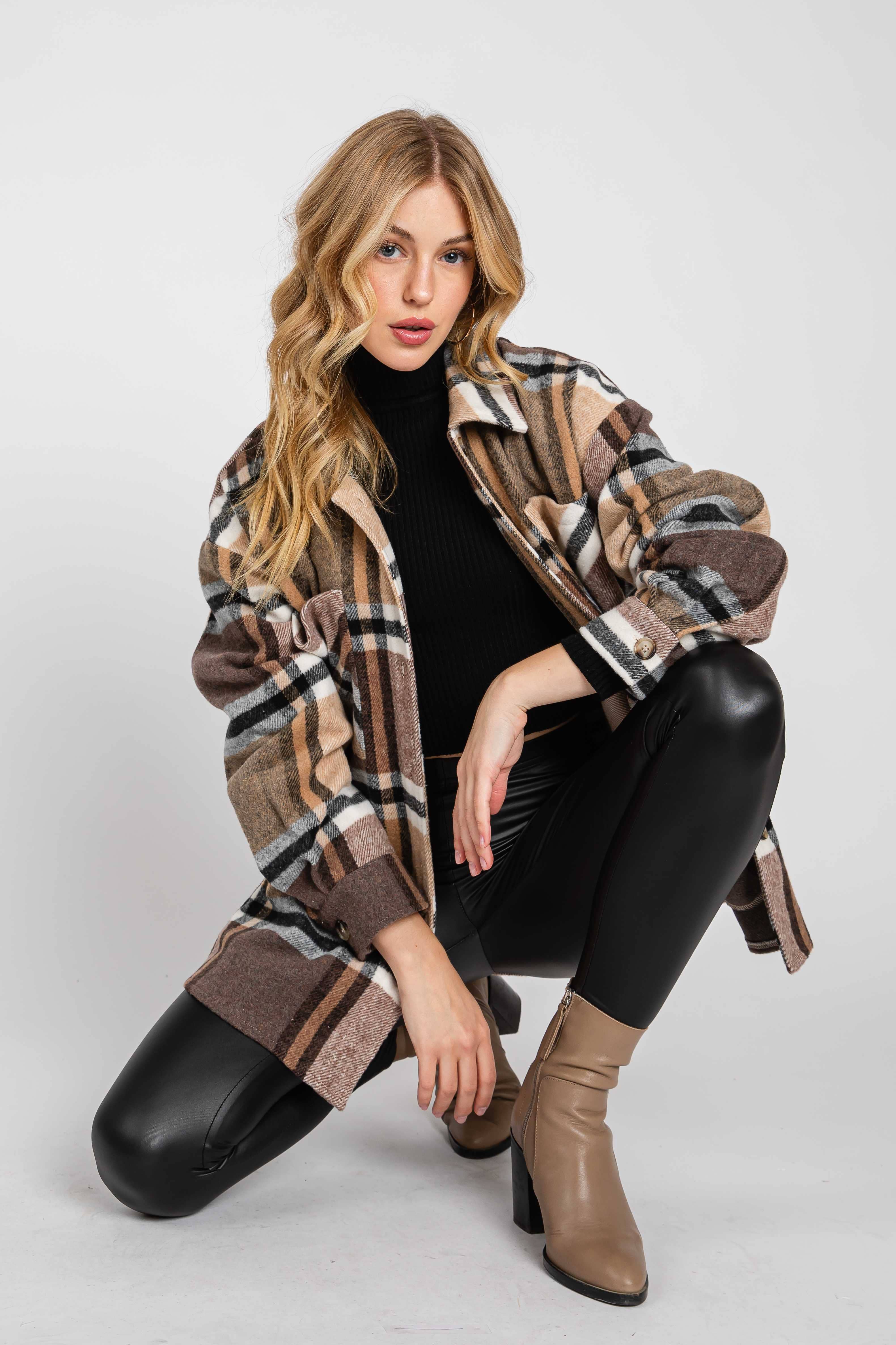 ELLEBORN - Wholesale Shirt Jacket/Shacket - Women's - Plaid Button Down Jacket 3410T-A111