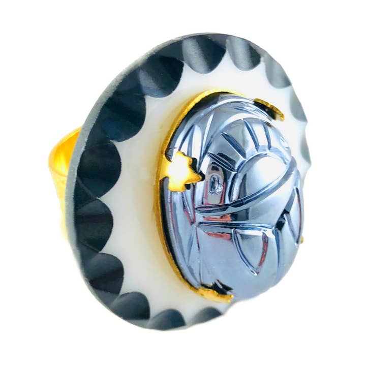 Anel de ouro floral amuleto vintage hematita escaravelho por atacado de MizDragonfly