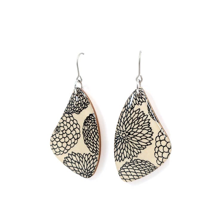 Modern floral Chiyogami titanium earrings - Cream and black for wholesale by autumn + tree