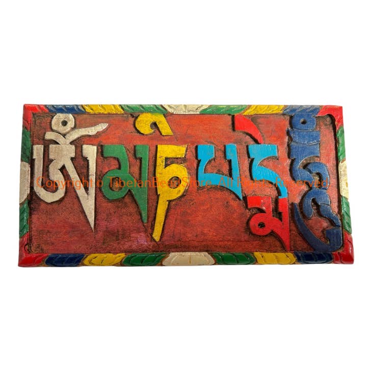 Hand Painted OM MANI Mantra Wood Plaque - HC59 for wholesale by Tibetan Bead Store