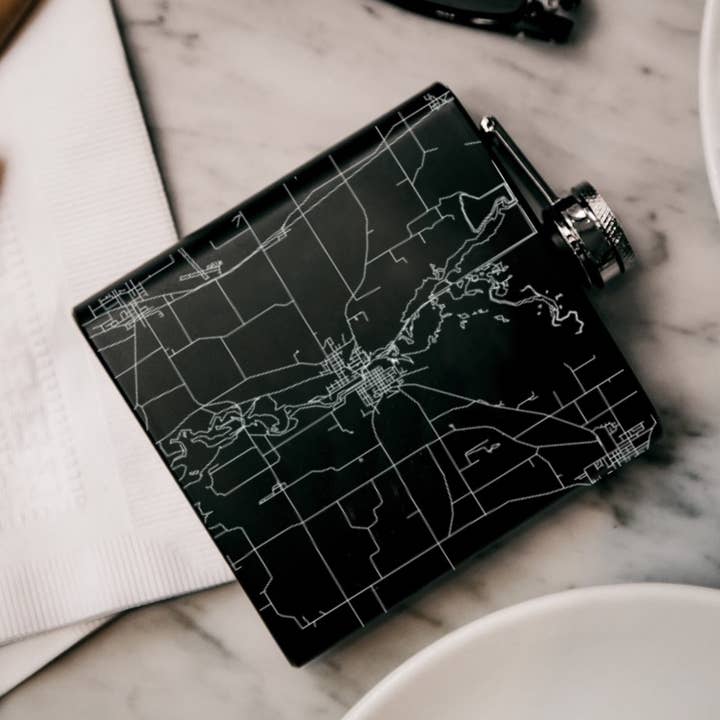 Horicon WI Map Hip Flask in Matte Black for wholesale by JACE.design