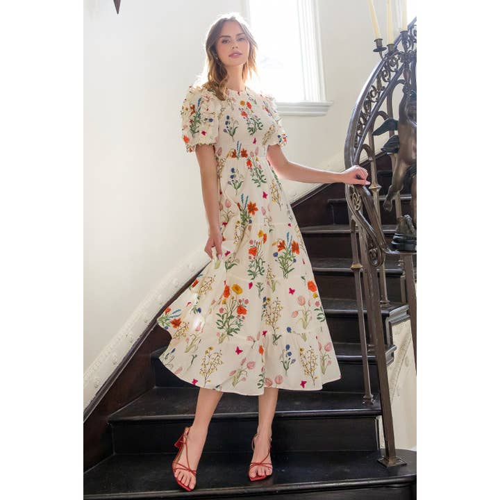 CREAM Smocked Puff Sleeve Floral Maxi Dress for wholesale on Faire