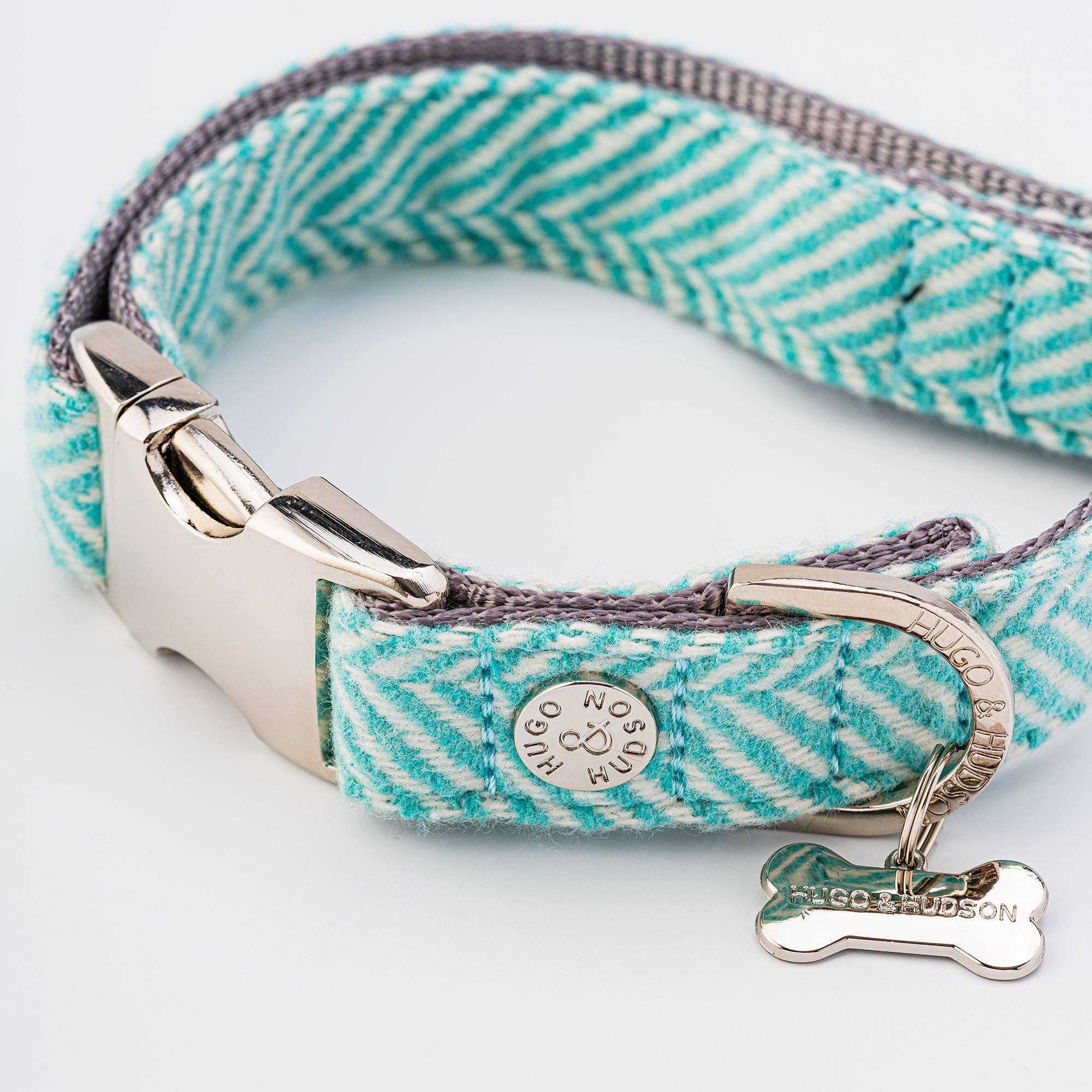 Hugo & Hudson – wholesale Pet collar – Dog – Tweed Metal Buckle Dog Collar - Aqua Herringbone4
