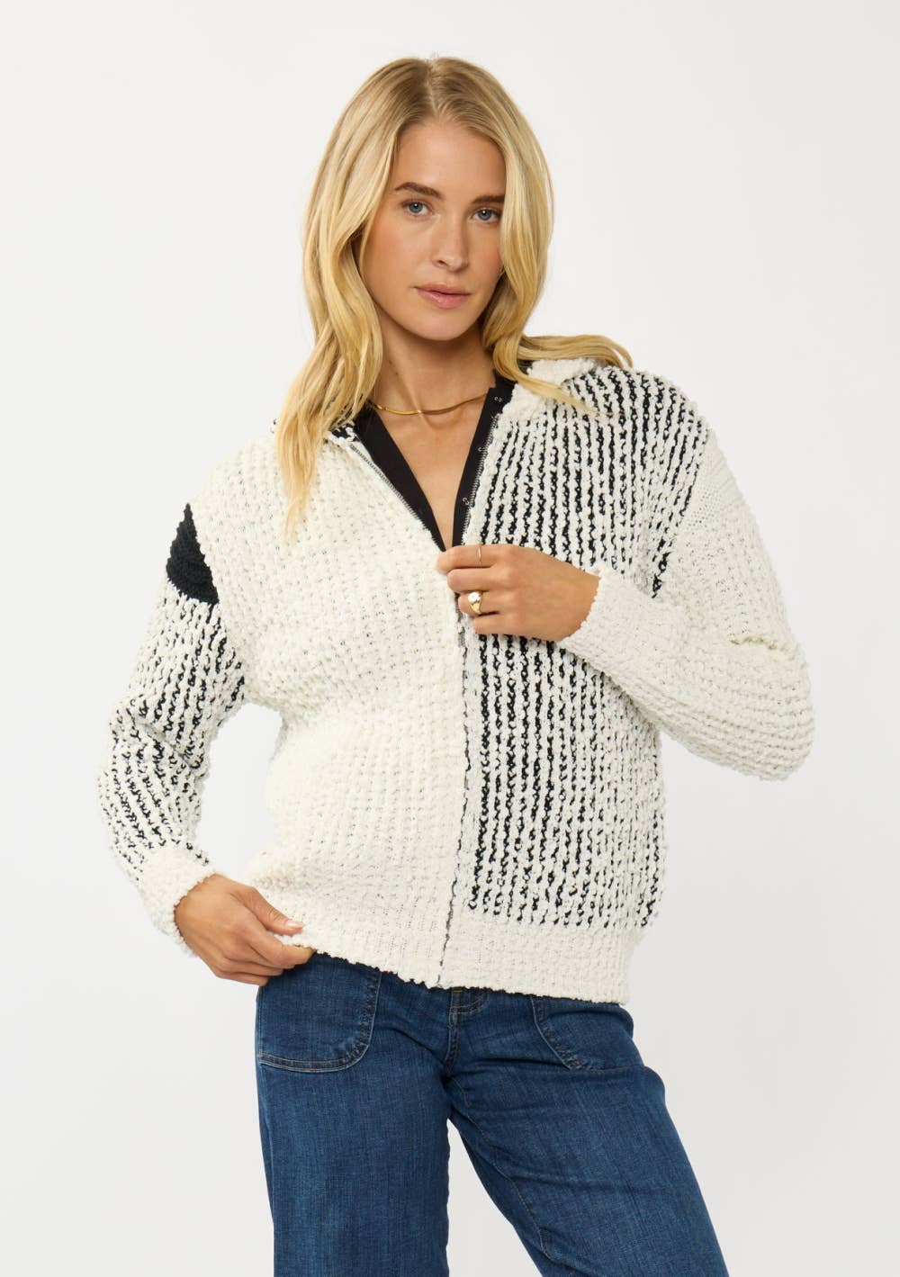 CREAM BLACK Color Block Popcorn Knit Sweater Jacket for wholesale on Faire5