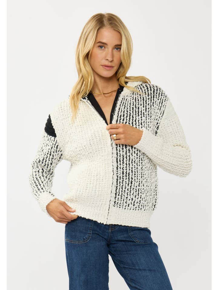 CREAM BLACK Color Block Popcorn Knit Sweater Jacket for wholesale on Faire5