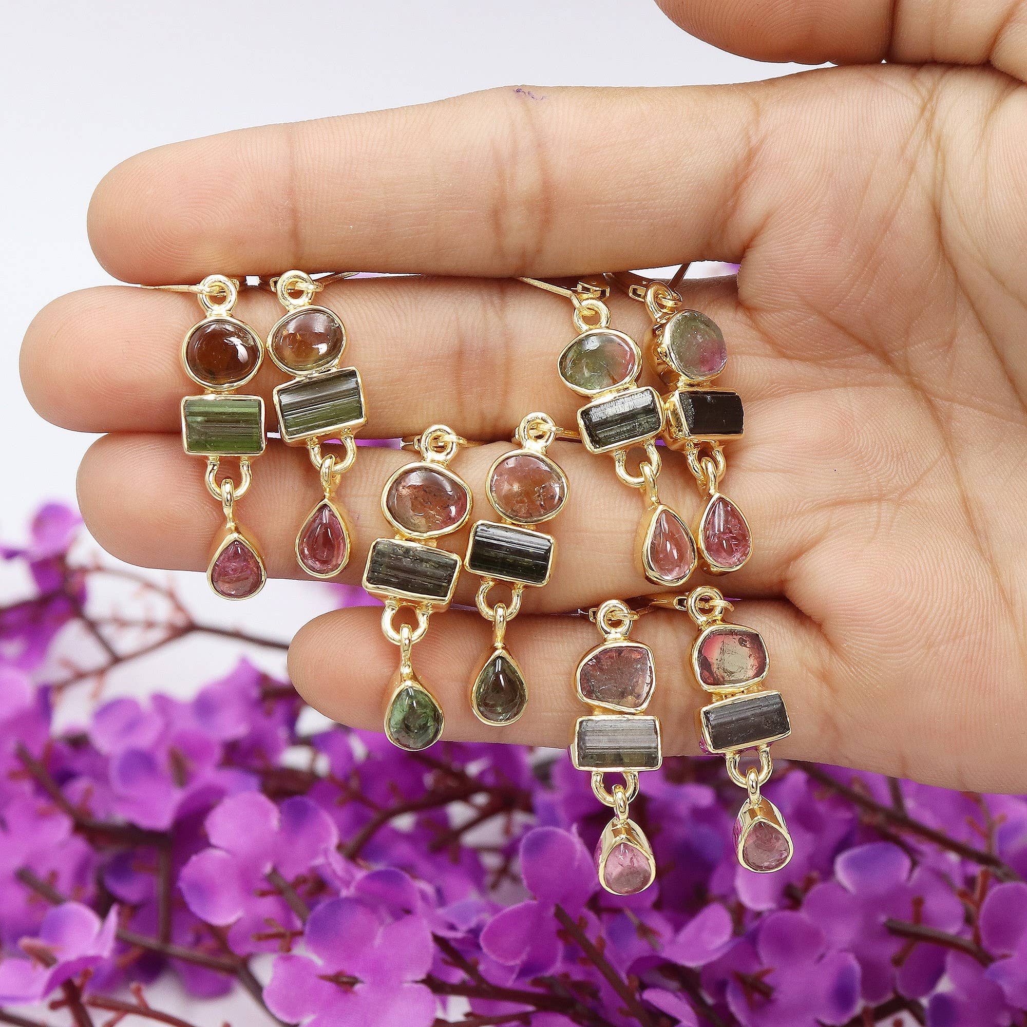 Jay Jools - Wholesale Dangle Earrings - Watermelon Tourmaline Earrings: 925 Solid Silver Gold Plated4