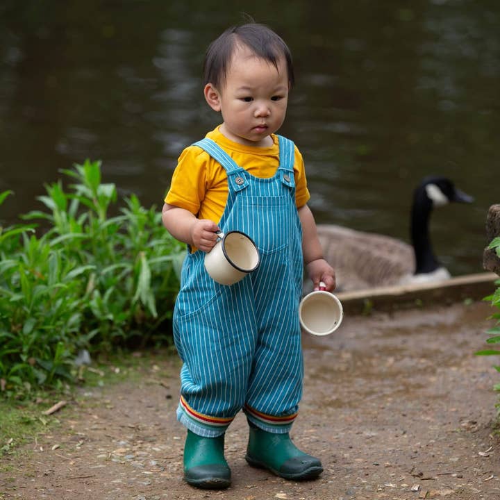 Horizon Blue Striped Roll Up Dungarees for wholesale by Little Green Radicals