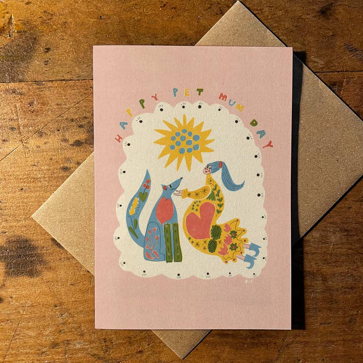 'Mother' | Folk | Boho | Colourful | Dog and Female | Risograph Style A6 Greetings Card for wholesale by Rebecca Joy Ltd