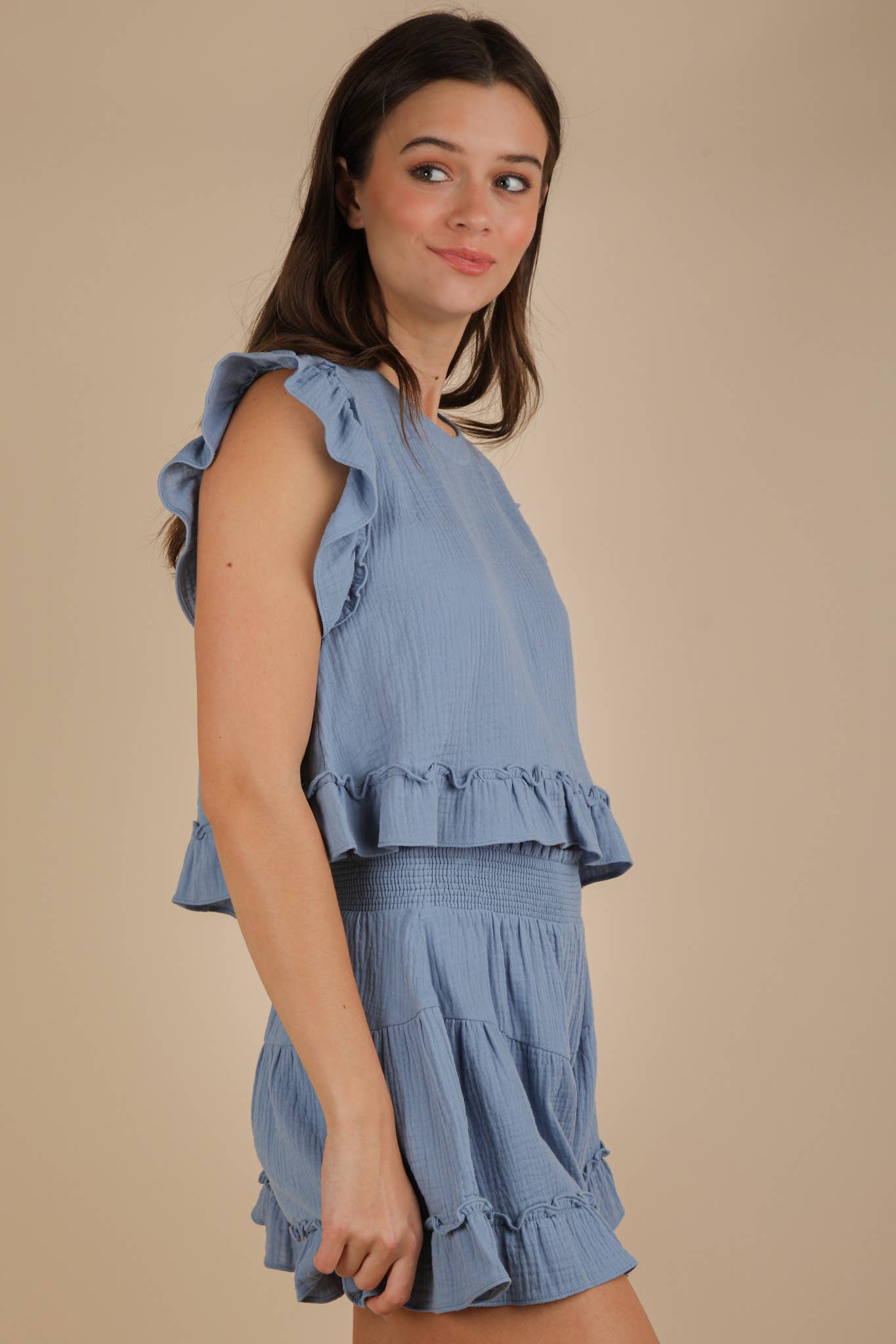 VERY J - Wholesale Top & Short Set (NOT Loungewear) - Women's - NT12150SET-Ruffled Solid Woven Top & Shorts Set19