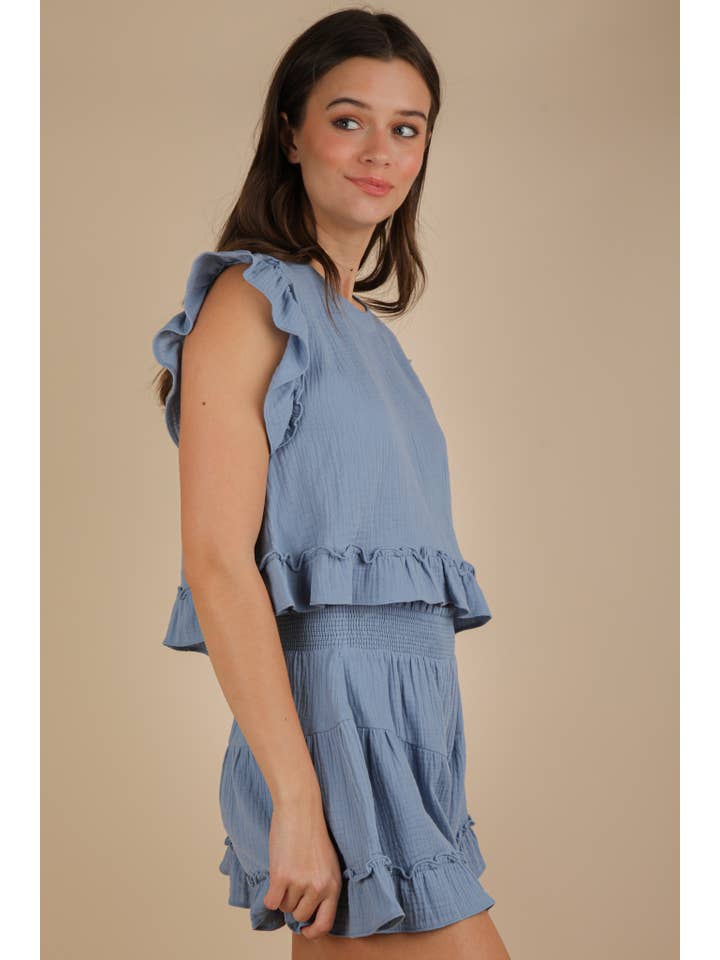 VERY J - Wholesale Top & Short Set (NOT Loungewear) - Women's - NT12150SET-Ruffled Solid Woven Top & Shorts Set19