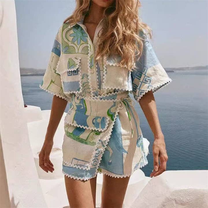 Fashionable Floral Print Short Sleeve Shirt And Skirt Set for wholesale by Sheer Trend