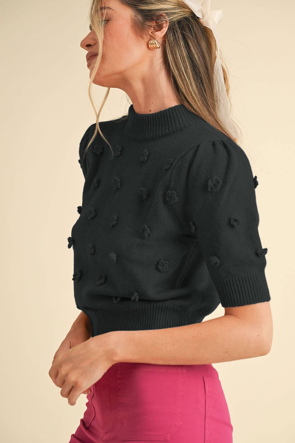 &MERCI - Wholesale Knit Sweater - Women's - 3D FLORAL KNIT SHORT SLEEVE SWEATER MSW105371