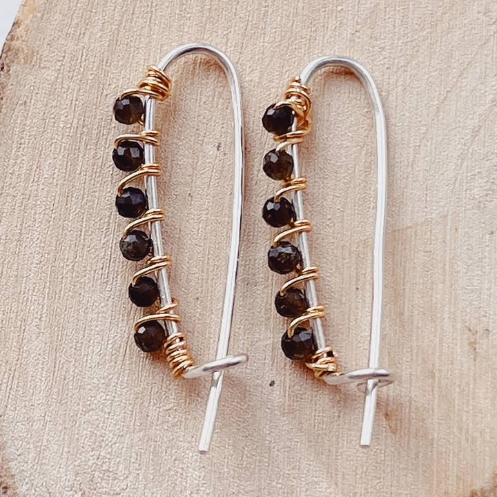 Gold Obsidian Minimalist Safety Pin Earrings for wholesale by Orchha Jewels