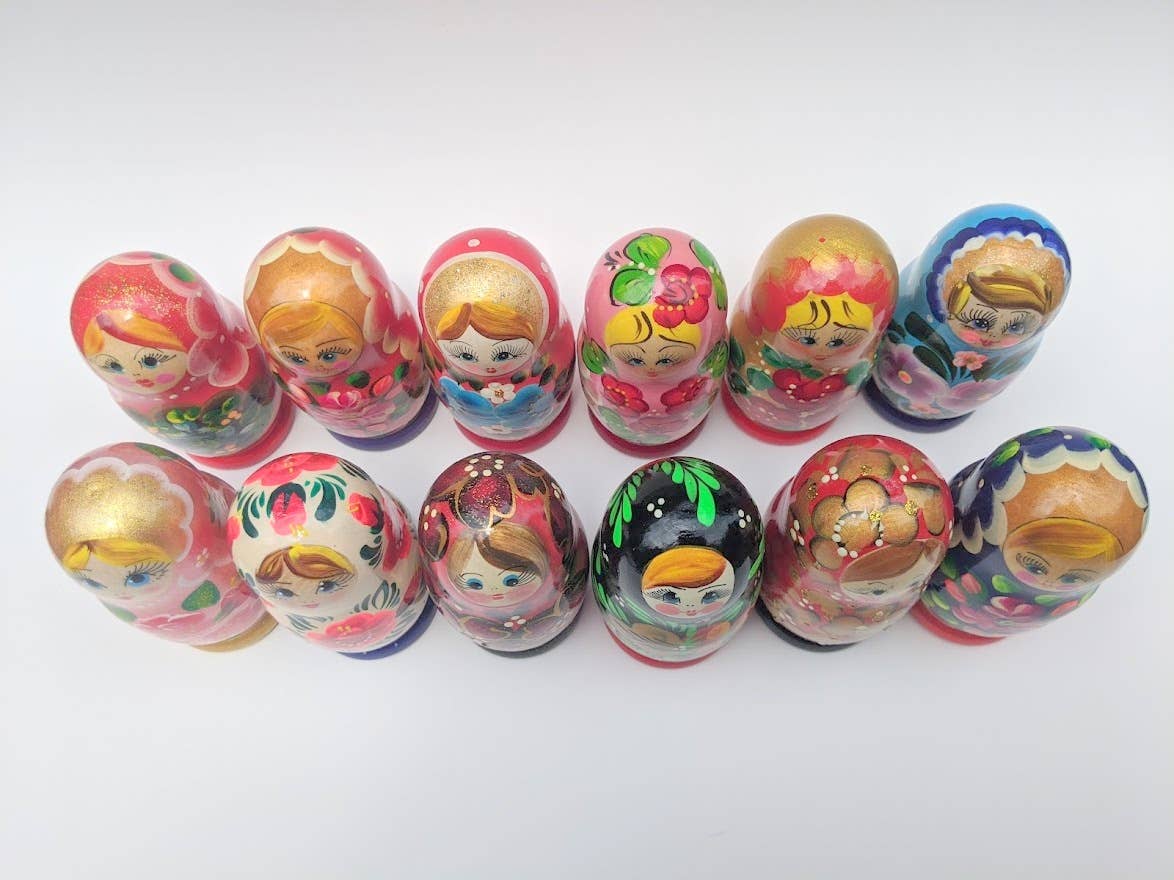 GSZ corporation DBA Gabriella's Gifts - Wholesale Doll - Kids - LOT OF A DOZEN ASSORTED STYLES SMALL NESTING DOLL SETS, 4.2"2