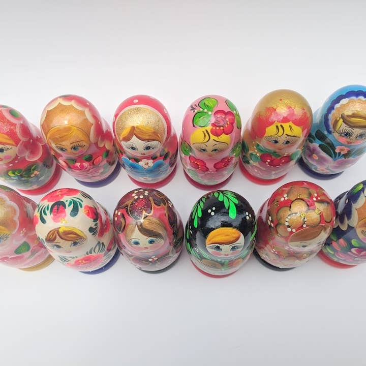 GSZ corporation DBA Gabriella's Gifts - Wholesale Doll - Kids - LOT OF A DOZEN ASSORTED STYLES SMALL NESTING DOLL SETS, 4.2"2