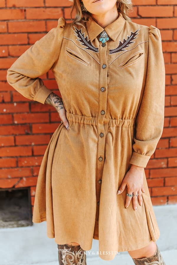 LUCKY & BLESSED - Wholesale Dress - Women's - Light Brown Suede Bootstitch Contrast Button Down Dress2