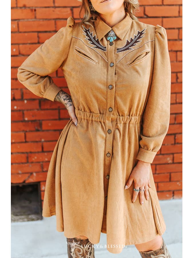 LUCKY & BLESSED - Wholesale Dress - Women's - Light Brown Suede Bootstitch Contrast Button Down Dress2