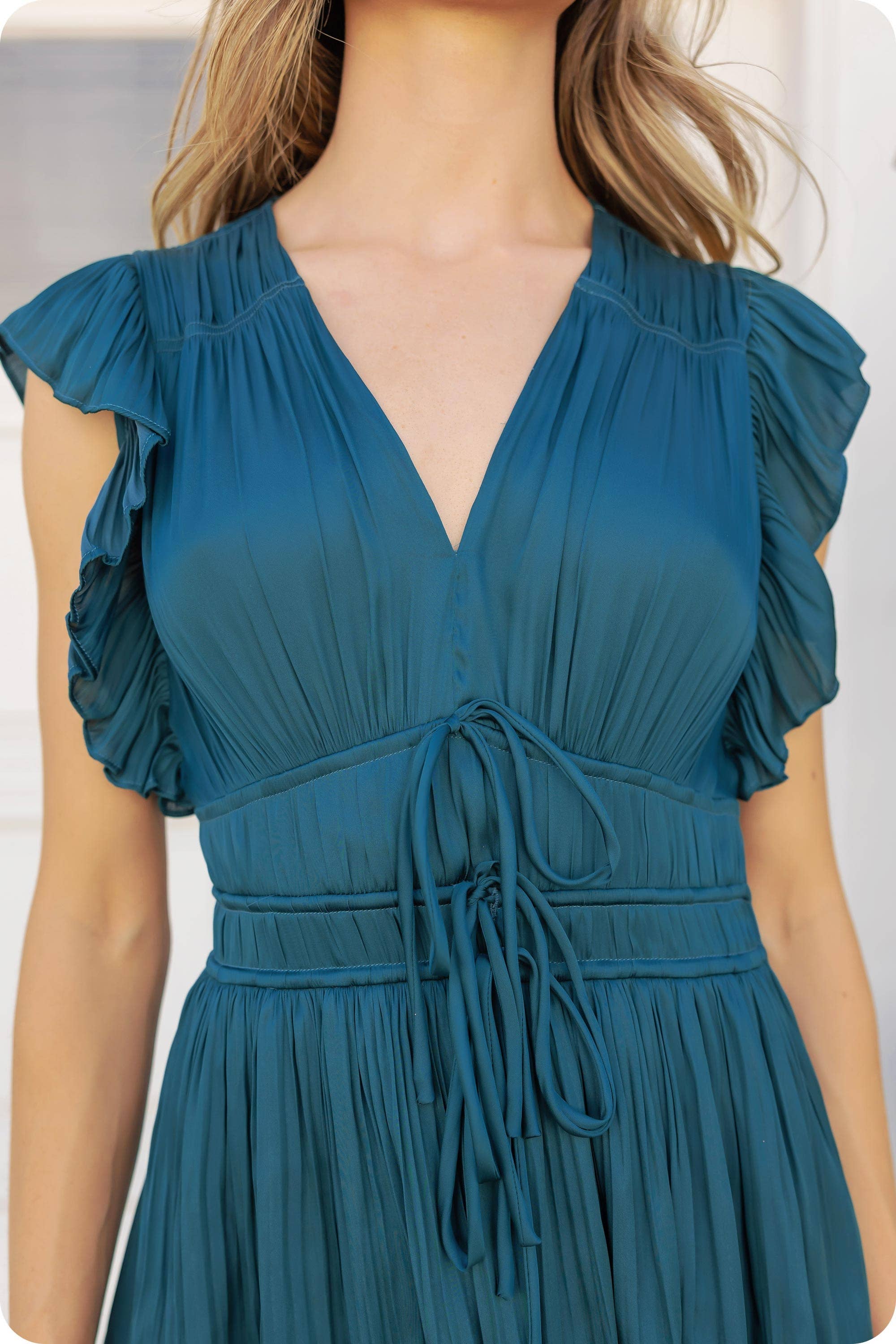 Strut & Bolt – wholesale Dress – Women's – Ruffled Pleated Satin Long Dress5