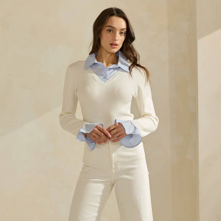 Ivory Sky Sweater Top with Contrast Neck & Cuffs for wholesale on Faire3