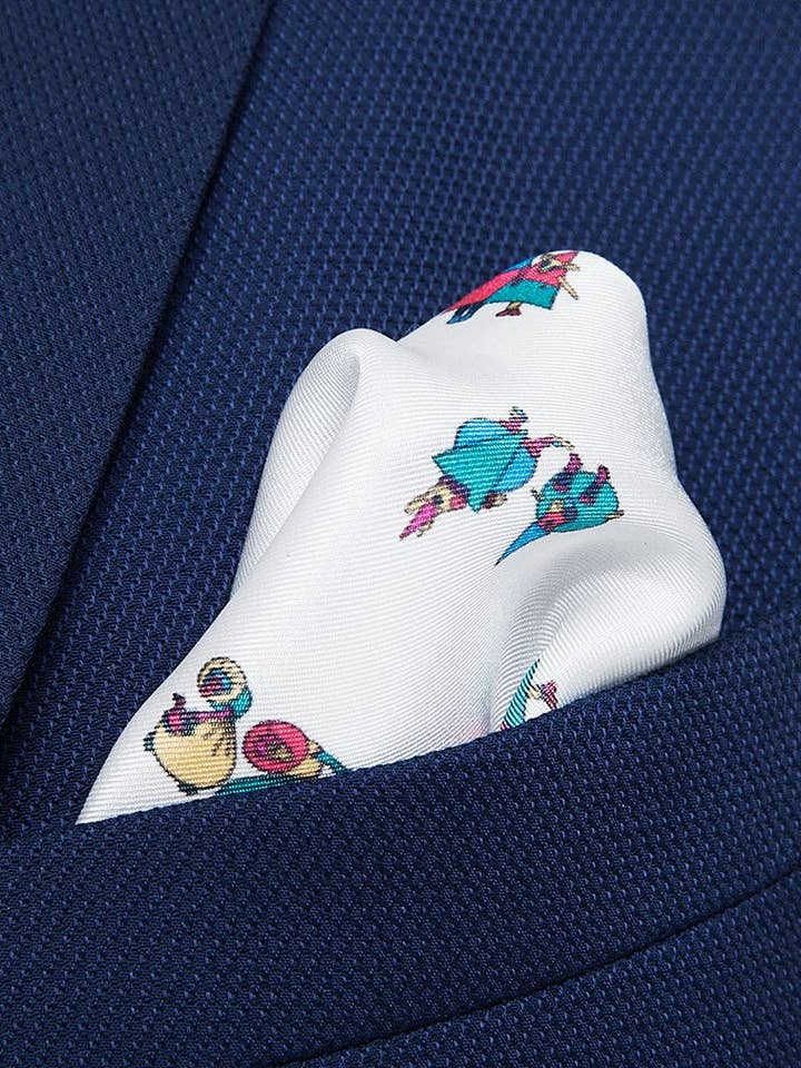 “Il Circo” silk pocket square (white) for wholesale by Tarte Tatin