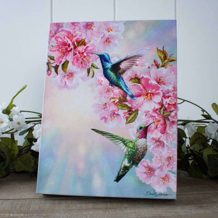 Kolibrier på våren 8x6 upplyst bordsduk för wholesale av Glow Decor