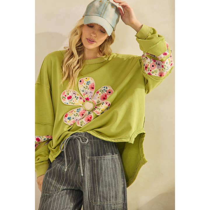 LONG SLEEVES WITH DAISY PATCH APPLIQUE SWEATSHIRTS (ST7240) for wholesale by Sage + Fig