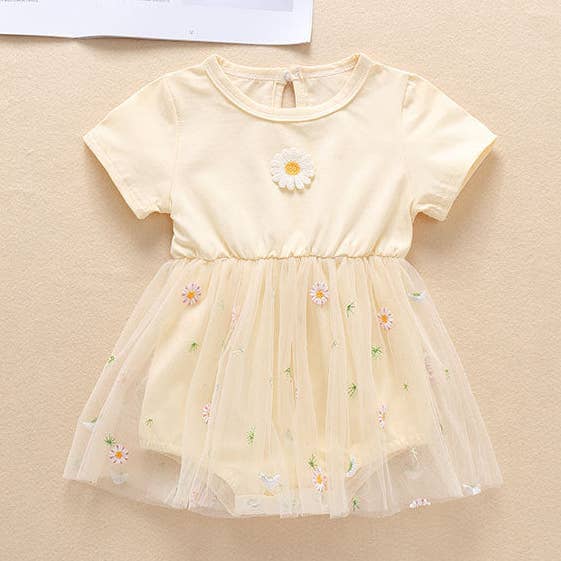 Vestido bordado de manga corta con cuello redondo y margaritas para bebé niña para venta al por mayor de MyKids-USA®