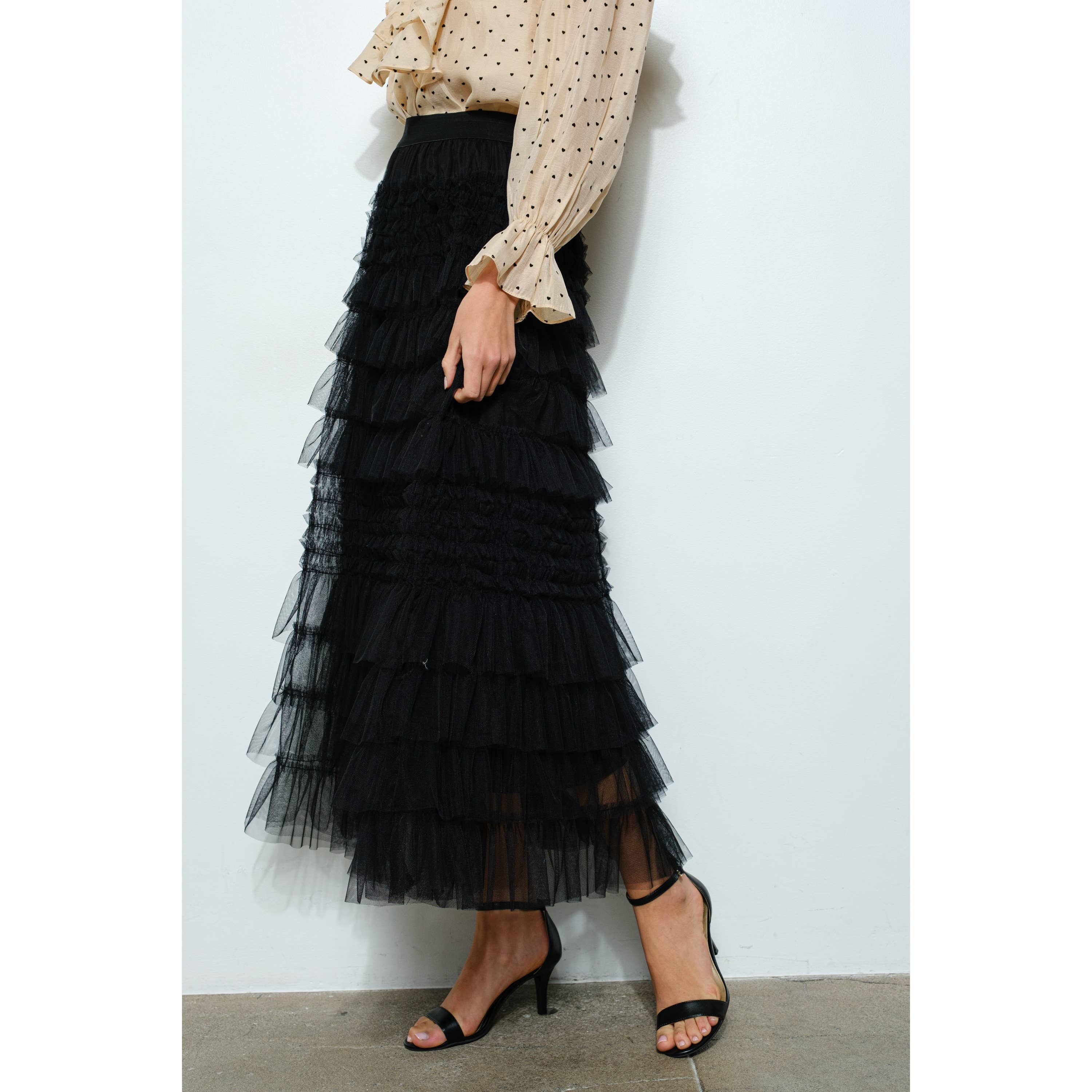 INA - Venta al por mayor Falda - Mujer - Falda Maxi de Tul con Volantes en Capas de Talle Alto1