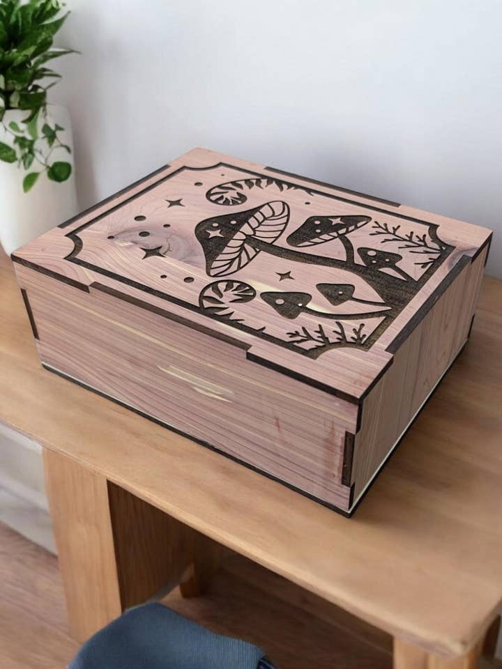 Custom Mushroom Wooden Display Box - Crystal Box- Curio Cabinet- Knick Knack Display - Printer Tray -Custom Organizer Display - Tarot Box for wholesale by Shelfish Modern