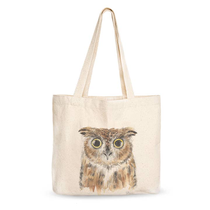 Owl Large Canvas Tote Bag Original Watercolor Animal Art for wholesale by Todo Bien Design Inc