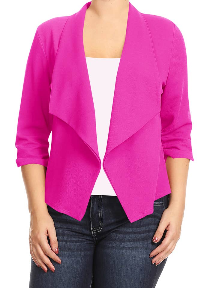 Women's Plus Size Draped Neck Open Front Solid Blazer Jacket for wholesale by MOA COLLECTION